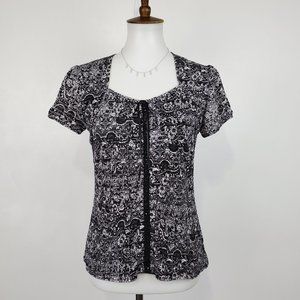 Dressbarn Black White Short Sleeve Subtle Floral Y2K Look Top Size SP